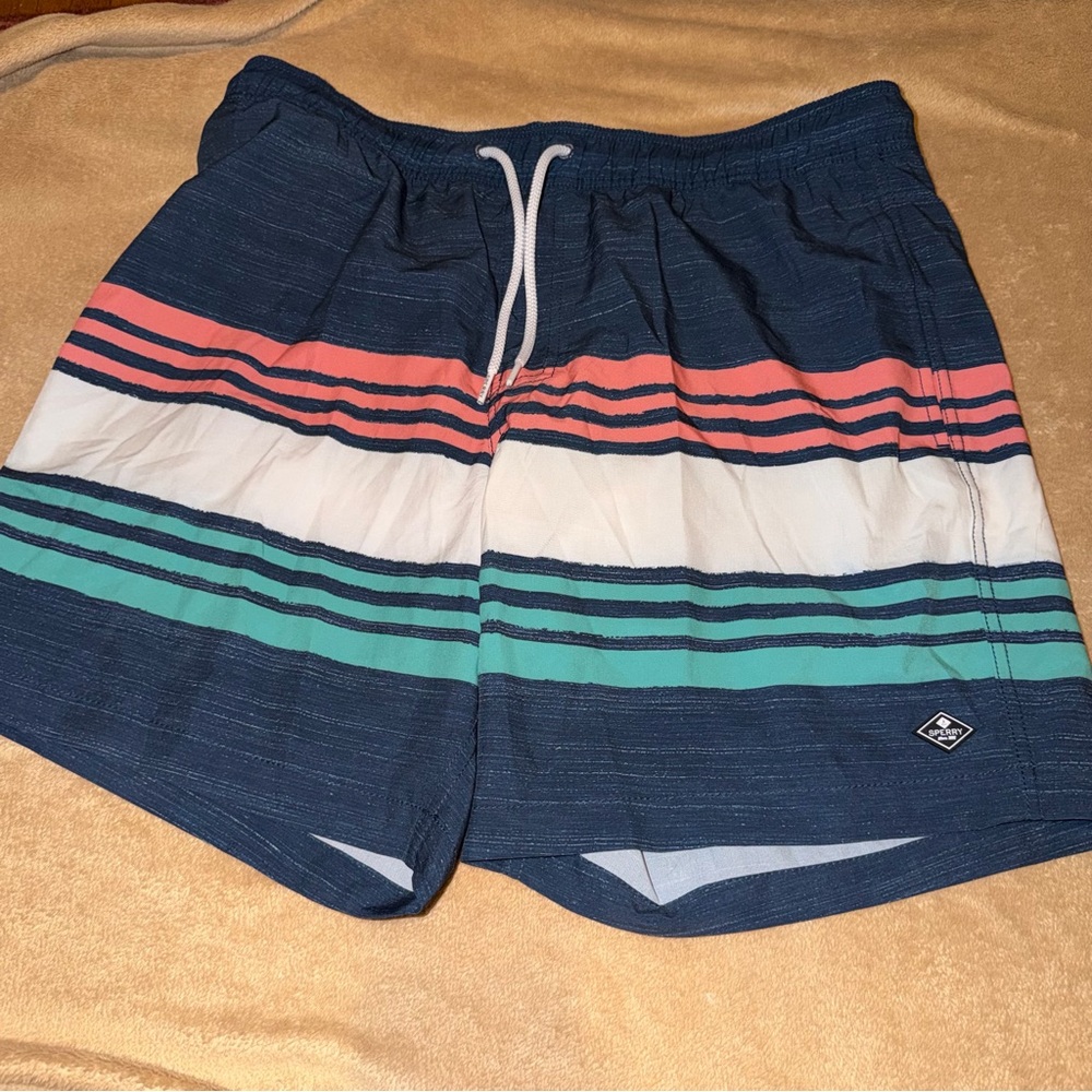 Men's Striped Swim Trunks - Navy with Coral, White & Teal - SPERRY Size XL